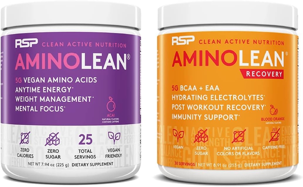 RSP NUTRITION Vegan AminoLean Pre Workout Energy (Acai 25 Servings) cu AminoLean Recovery Post Workout Boost (Blood Orange 30 Servings)