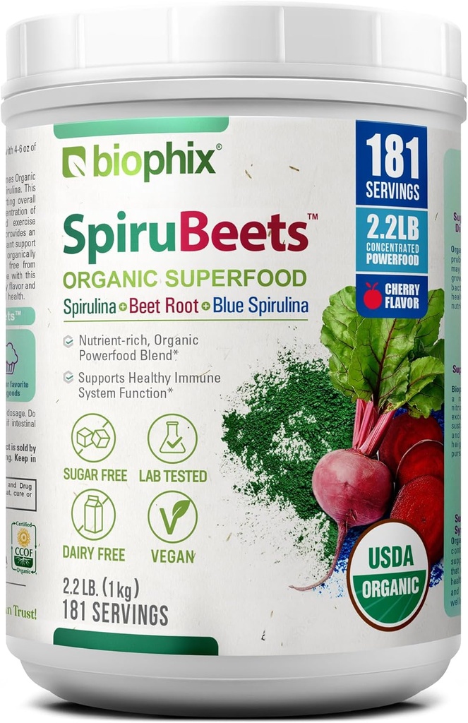 Biophix Organic SpiruBeet 2,2 lbs Sprirulina - Root de sfeclă - Proteine-Rich Nutrient-Dense Superfood Powder - bogat în oxid de azot