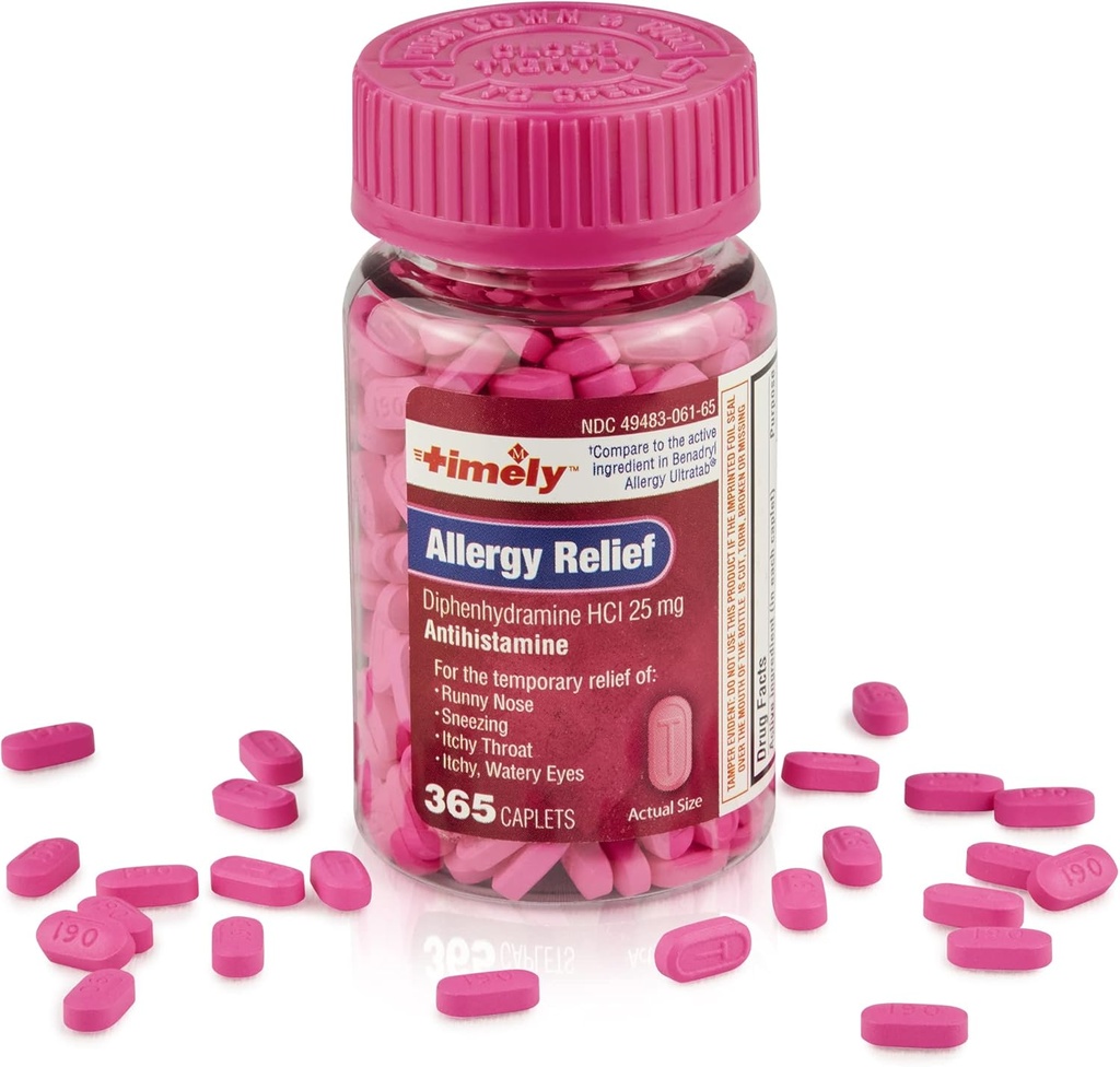 Aliniere la timp Relief Difenhidramină HCl 25 mg - 365 Caplete - Comparativ cu Benadryl Alergia Ultimatab - Antihistaminice - Alergie Medicamente - Runny Nose Relief pentru adulți - Watery Eyes Tratamentul