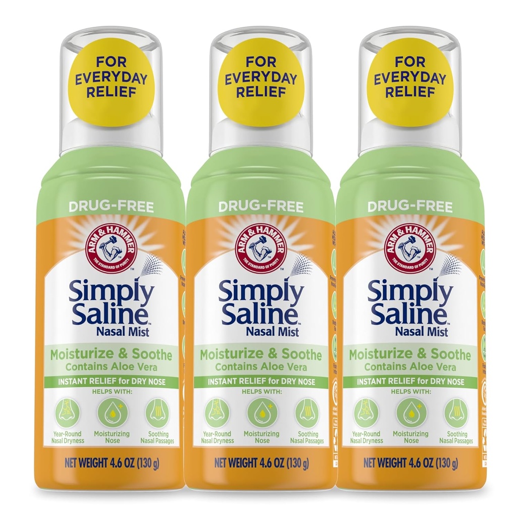 Arm & Hammer Pur și simplu salină Moisturize & Soothe Nasal Mist, hidratare fără droguri Saline Nasal Spray pentru ajutor instant pentru nas uscat, 4.6 Oz (130 g), 3 Pack