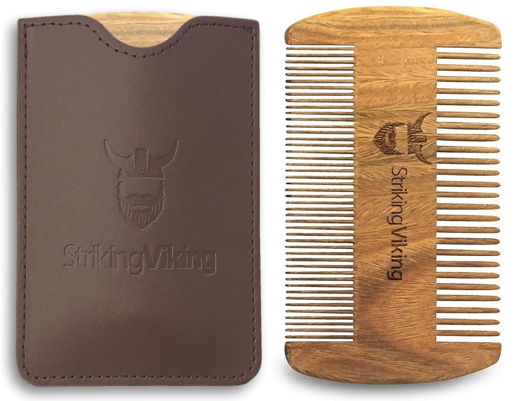 Viking Sandalwood Beard Comb & Case - Pocket-Sized Grooming Tool cu Dinți Fine & Coarse, Perfect pentru utilizare cu balsamuri și uleiuri