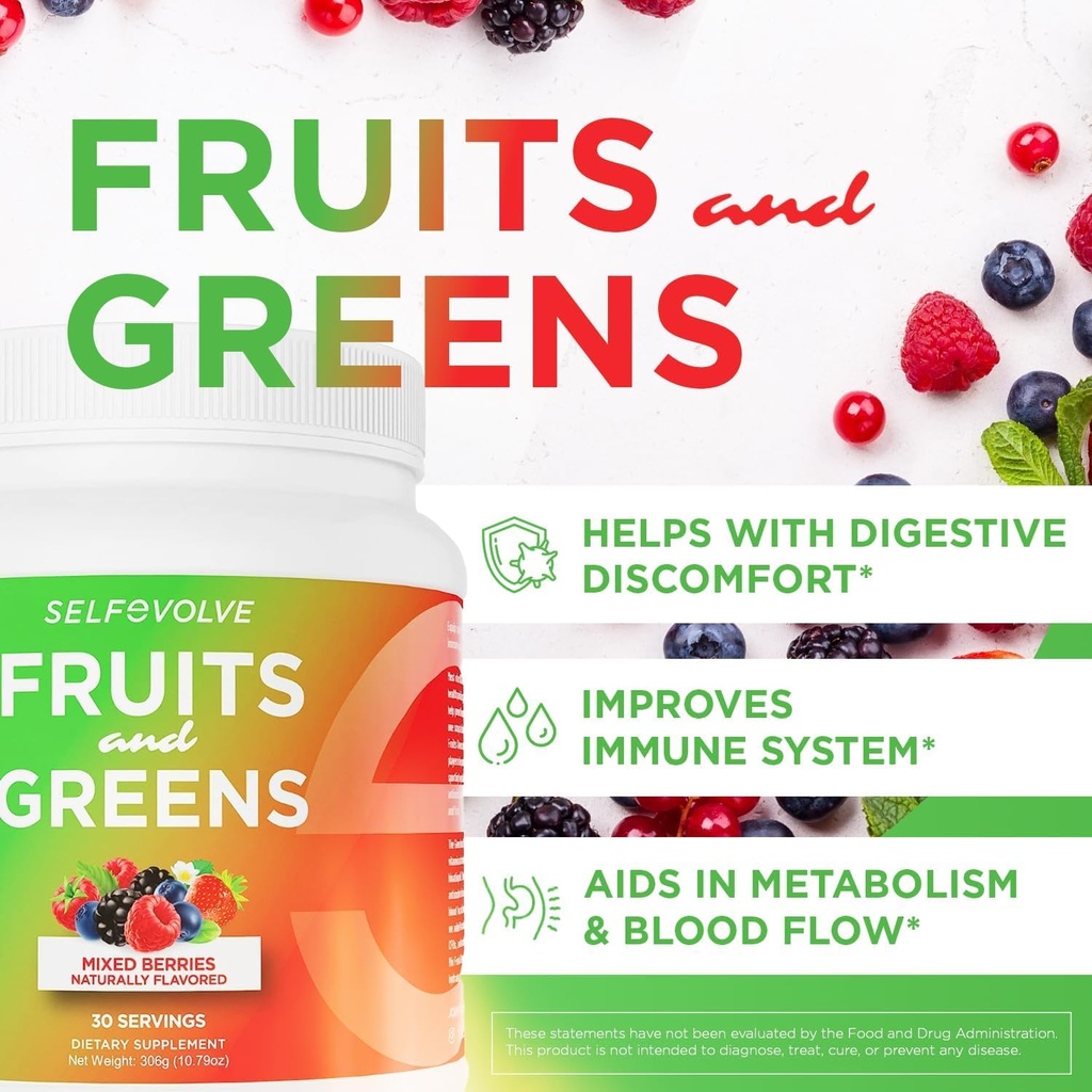 Fructe și Verzi Organic Probiotic pulbere: 30 Serviri pentru bărbați și femei. Vegan cu 10 miliarde CFU, Spirulina, Kale, Spanac, Chlorella, Elderberry, Enzime digestive - Probiotice