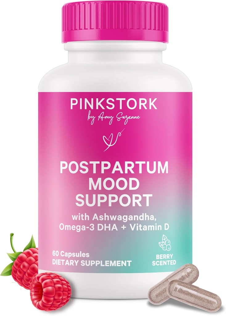 Pink Stork Postpartum Mood Support - Postnatal Hormon echilibru pentru femei - Alaptare prietenos - Stres si suport cognitiv, New Mom Essentials - Ashwagandha, musetel, & Vitamina D, 60 Capsule