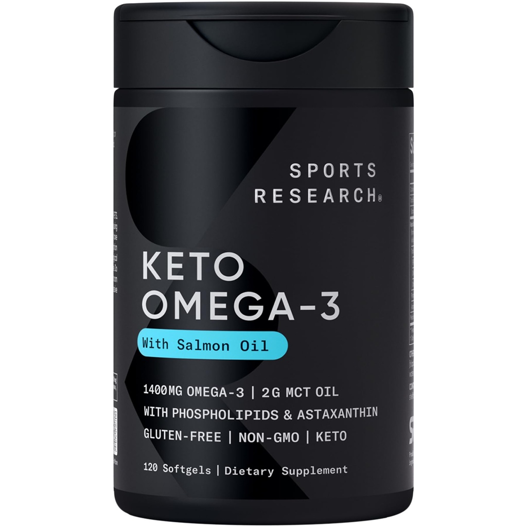 Sports Research® Keto Omega Fish Oil 1400mg - Full Spectrum Omega-3 Blend cu Astaxanthin & Coconut MCT Ulei - Keto Certified, Soy & Gluten-Free (120 Softgels)