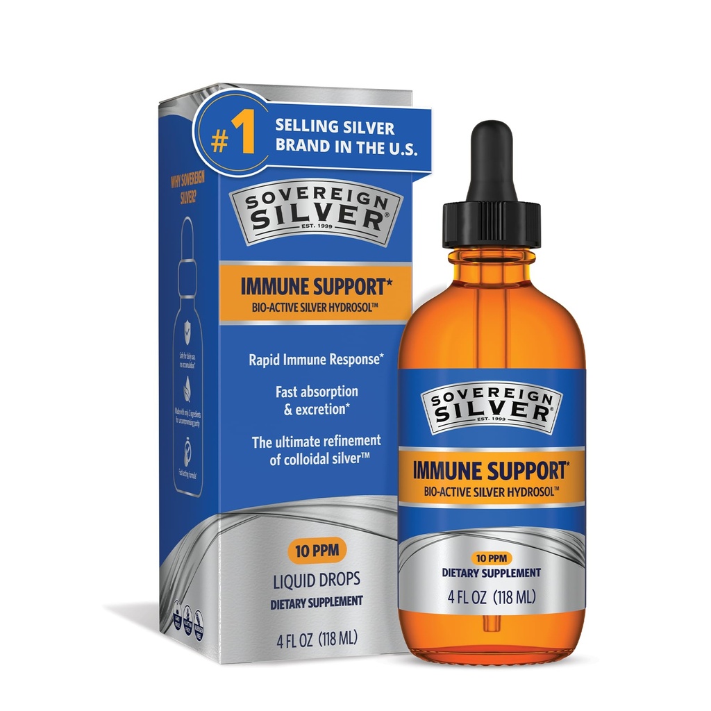 Suport imun de argint suveran - Argint coloidal, Hidrosol de argint bio-activ, 10 ppm, Dropper lichid, 4 Fl Oz, (118 ml)