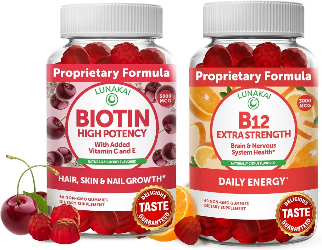 Lunakai Biotin și vitamina B12 Gummies Bundle - Piele de păr și unghii de creștere Gume cu vitamina C și E - non-GMO & Vegan Supliment pentru suport energetic și sănătatea osoasă - 30 zile de aprovizionare