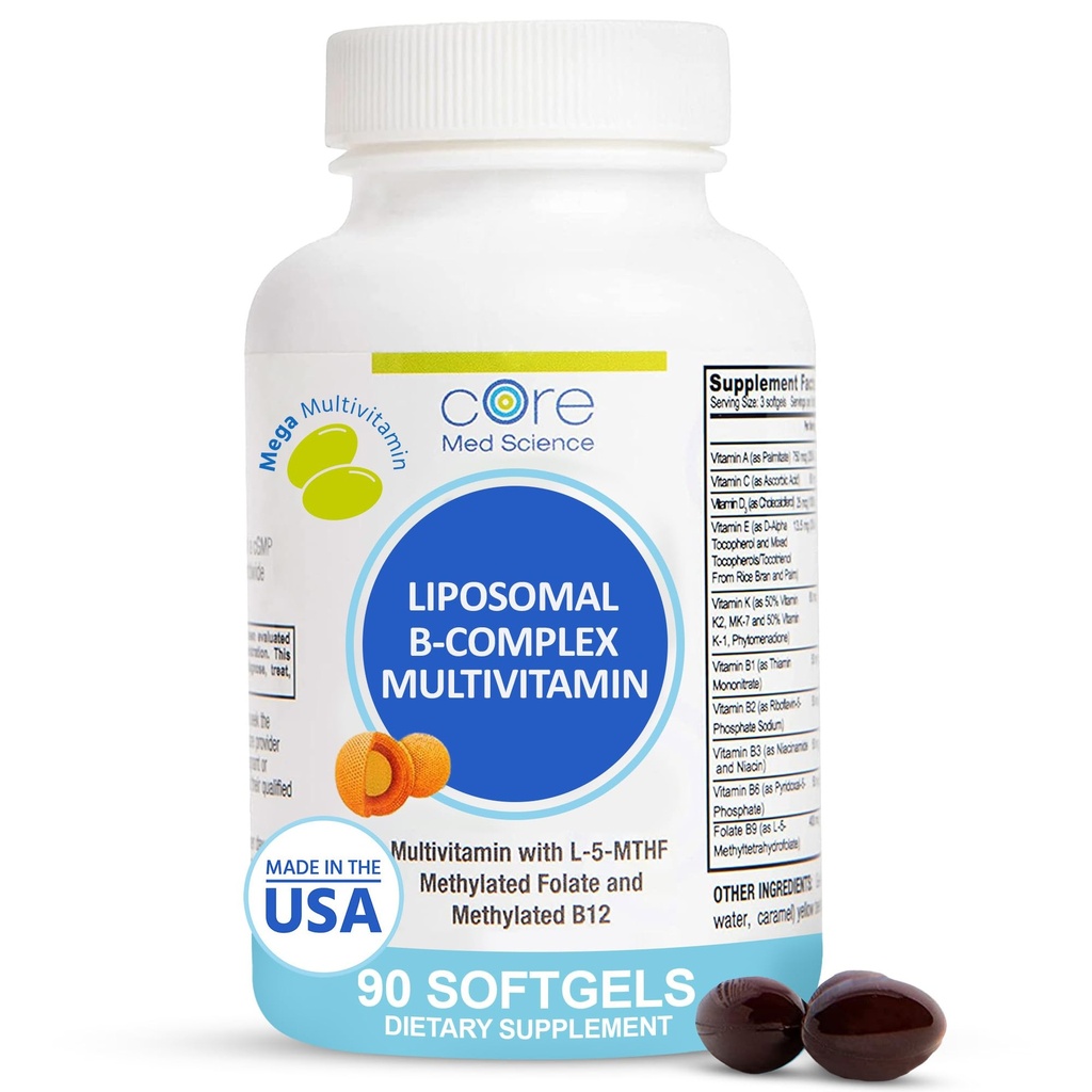 Nucleu Med Science Liposomal Multivitamine metilate B-complex, 90 Softgels - non-GMO Active Super B Complex de vitamine Suplimentul pentru Heart Health - VIT metil B Complex Complex de suport imun