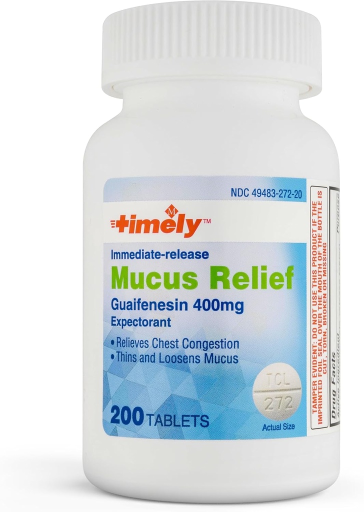 Timpul-CAP LABS, INC. Timely Mucus Relief Guaifensin 400 mg 200 comprimate - eliberare imediată Mucus Phlegm Relief - expectorant pentru îndepărtarea mucusului, congestie toracică, gripă, răceli, alergii