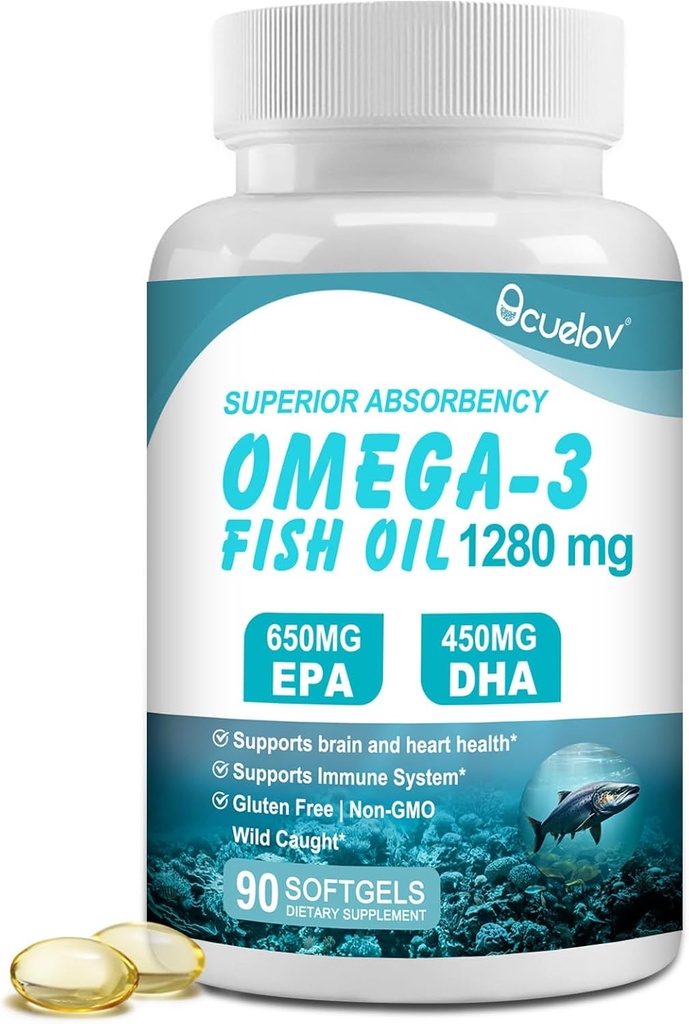 Omega 3 Suplimente de ulei de pește, Puterea Triplă Omega 3 Supliment nutrițional cu 650mg EPA 450mg DHA Per Servire - Creier, ochi, inima și suport de sănătate imună - 90 Softgels (45 Serv)