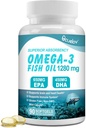 Omega 3 Suplimente de ulei de pește, Puterea Triplă Omega 3 Supliment nutrițional cu 650mg EPA 450mg DHA Per Servire - Creier, ochi, inima și suport de sănătate imună - 90 Softgels (45 Serv)