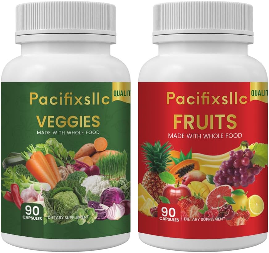 Capsule de fructe și Vegi 100% Nivel de energie naturală superalimentare pentru bărbați și femei, set de 2, 180 conta-90 și fructe 90 legume