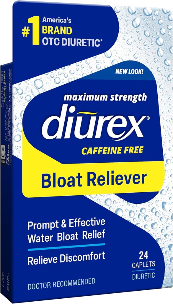 Diurex Cafeina-Free Bloat Relief, Putere maximă, Relieve apă Bloat Disconfort, Până la 6 ore de ajutorare, 24 Conte