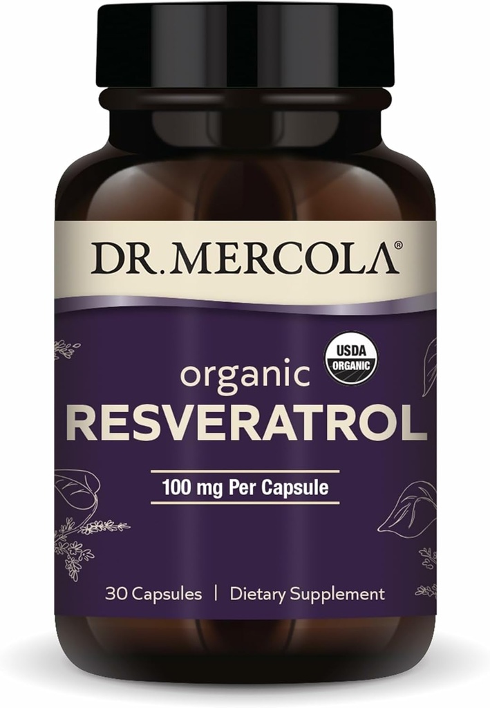 Dr. Mercola Organic Resveratrol - 100 mg Suport Cellular & Cardiovascular - 99.9 Procent Trans-Resveratrol - din Knotweed japonez - 30 Capsule (30 Servings)
