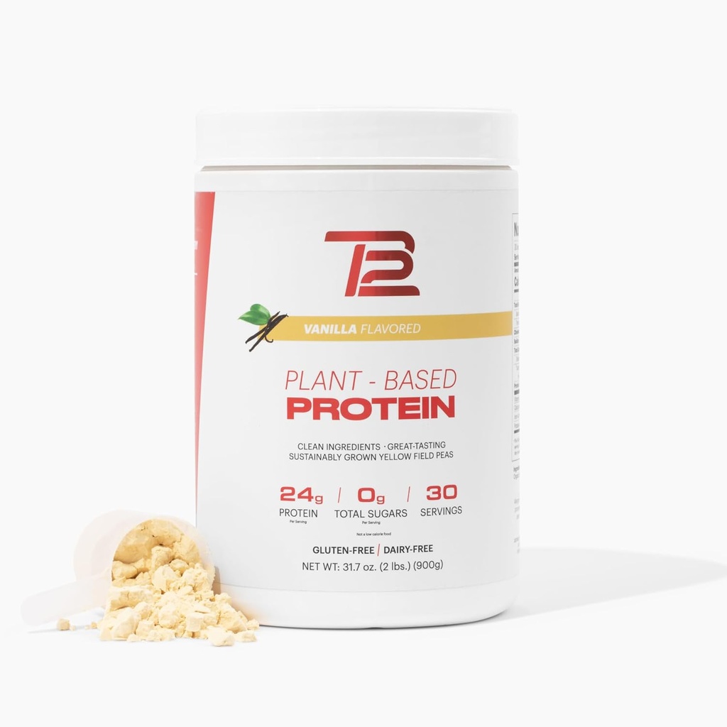 TB12 Pudră de proteine pe bază de plante de Tom Brady, 24g de proteine pe bază de mazăre Vegană, zahăr scăzut, carbohidrat scăzut, non-GMO, înlocuire de masă, Keto prietenos, Paleo, zahăr fără, aromă de vanilie (30 Servings/2.12lbs)