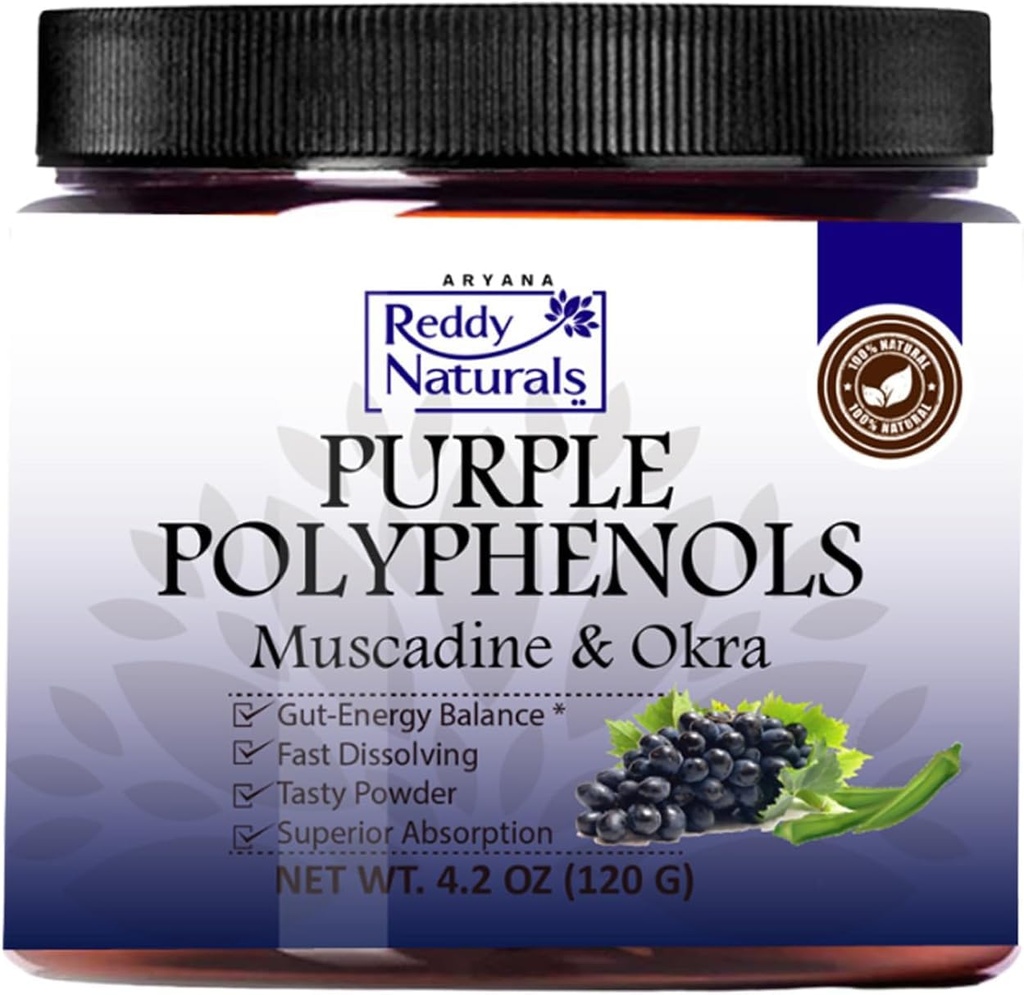 Reddy Naturals - Purple Polyfenols Supliment cu Muscadine Seed Extract - Natural Gut Health Support Powder cu extract de Okra, Antioxidant Blend pentru Energie & Digestive Health (30 Servings)