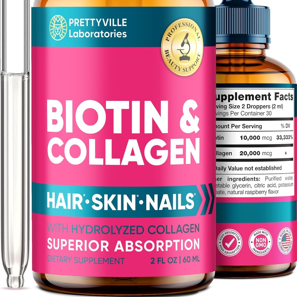 Colagen lichid & Biotina pentru femei - 30000mcg Complexul de crestere a parului - Made in Statele Unite ale Americii - Hidrolized Colagen & Biotin ulei pentru cresterea parului, sanatos Skin & Nails - Vegan Colagen & Biotin Sursa - 2 fl oz