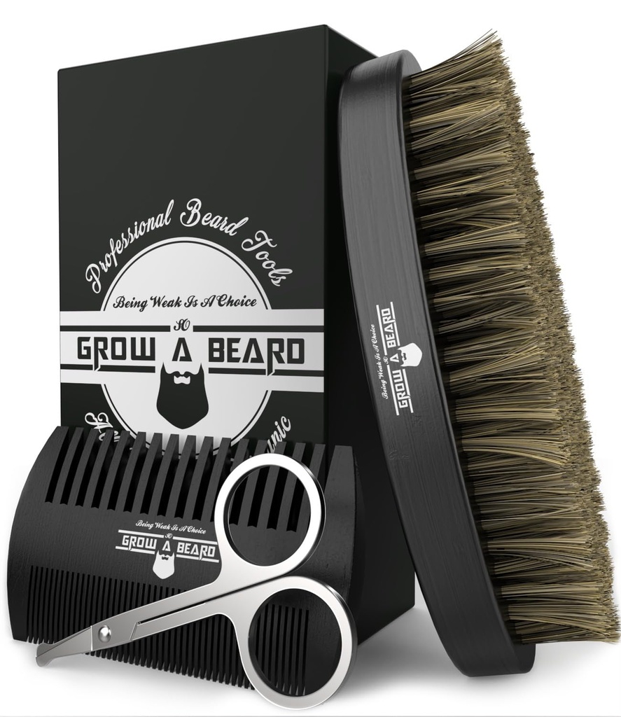 Perie de barbă pentru bărbați și piepteni cu barbă Set de foarfece w/Mustache Kit de înfrumusețare, periuță naturală de bivoliță, pieptene din lemn cu dublă acțiune și sac de călătorie mare pentru cadou de Crăciun