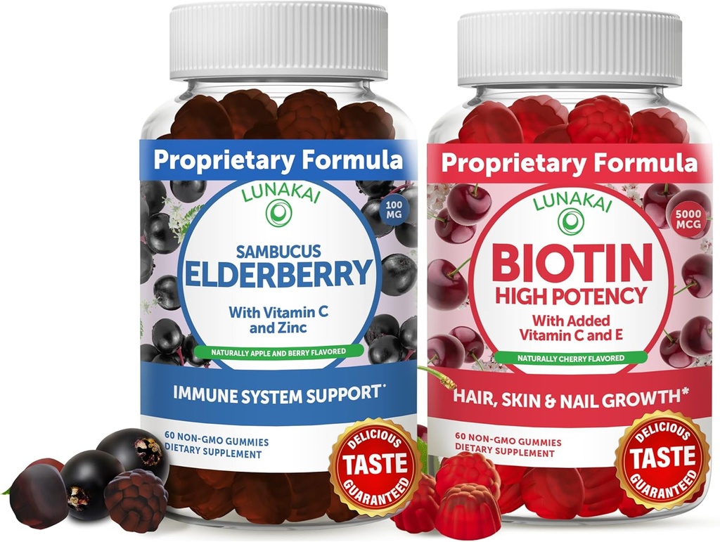 Lunakai Biotin & Elderberry Gummies Bundle - Gummy pentru cresterea parului, Skin luminos si unghii mai puternice cu vitamina C si E - Supplement de sprijin imun pentru adulti si copii