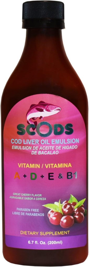 Emulsie de Scods Cereza Cod Ulei de ficat Emulsie Cherry 200ml Vitamina A + D + E & B1