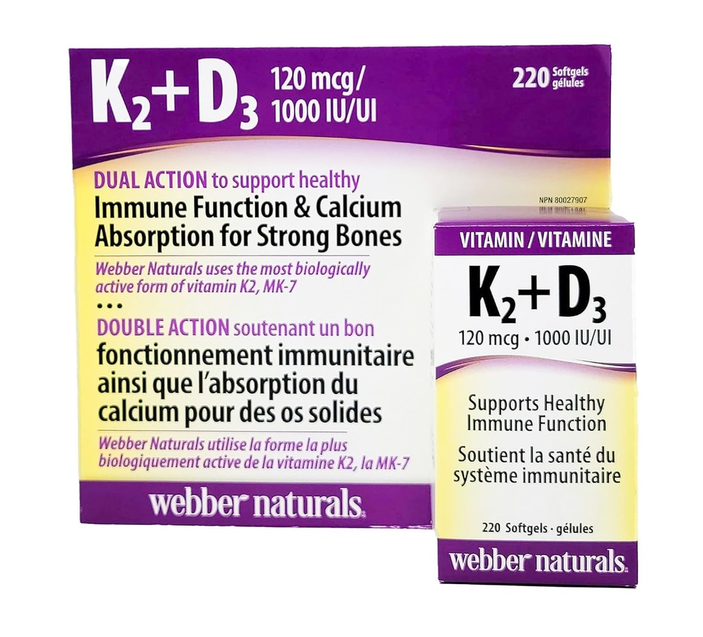 Webber Naturals K2 + D3 120 mcg/1000 UI, sprijină funcţia imună sănătoasă - 220 softgels