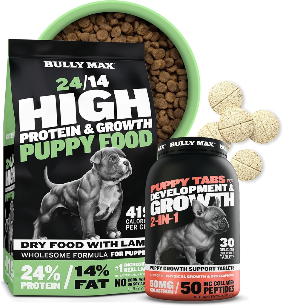 Bully Max 24/14 High Protein Puppy Food (5lbs.) și Vitamine Puppy (30 file masticabile) pentru dezvoltare și creștere Bundle 