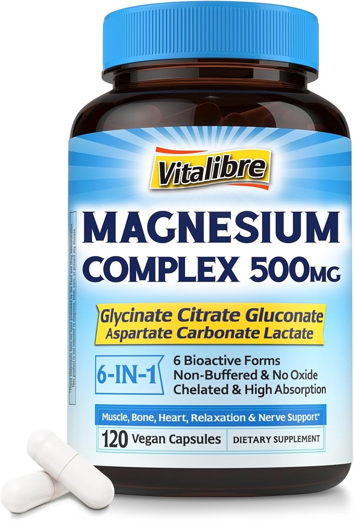 Complex de magneziu 500mg, 6 in 1 Glicinat de magneziu Chelated, Citrate, Aspartate, Gluconat, Carbonat & Lactat, Supliment de absorbtie maxima pentru somn & calm, 120 Caps Vegan, Nu Magnezio Oxid