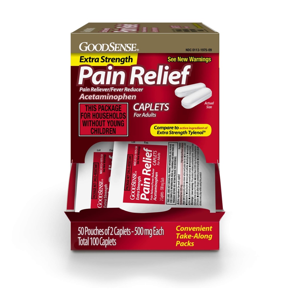 GoodSense Extra Putere Acetaminofen Caplete 500 mg, Durere Reliever și Reductor Fever, Easy Open Cap, 100 Conte