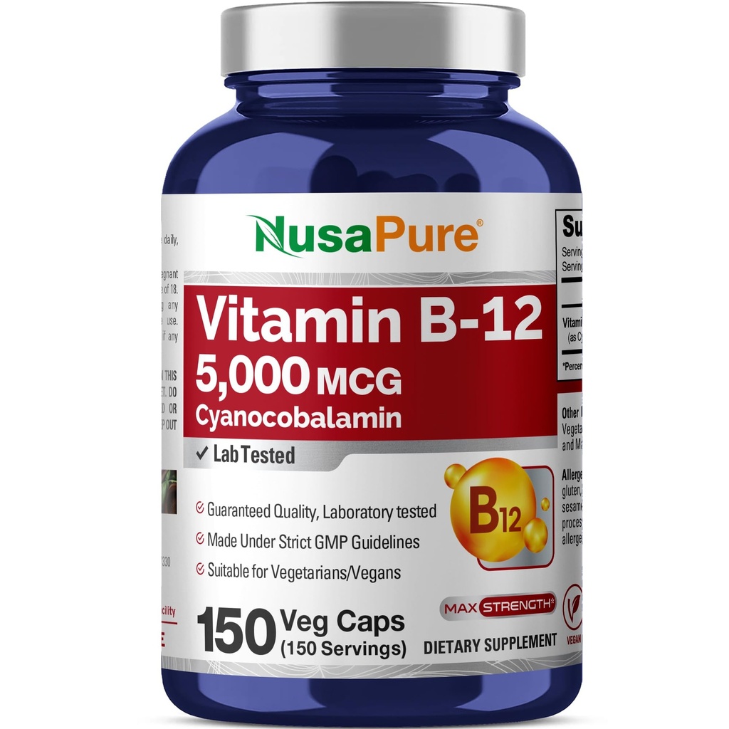 NusaPure Vitamina B12-5000 MCG 150 Capsule vegetale (Non-GMO, Vegan) - Max Putere Vitamina B12