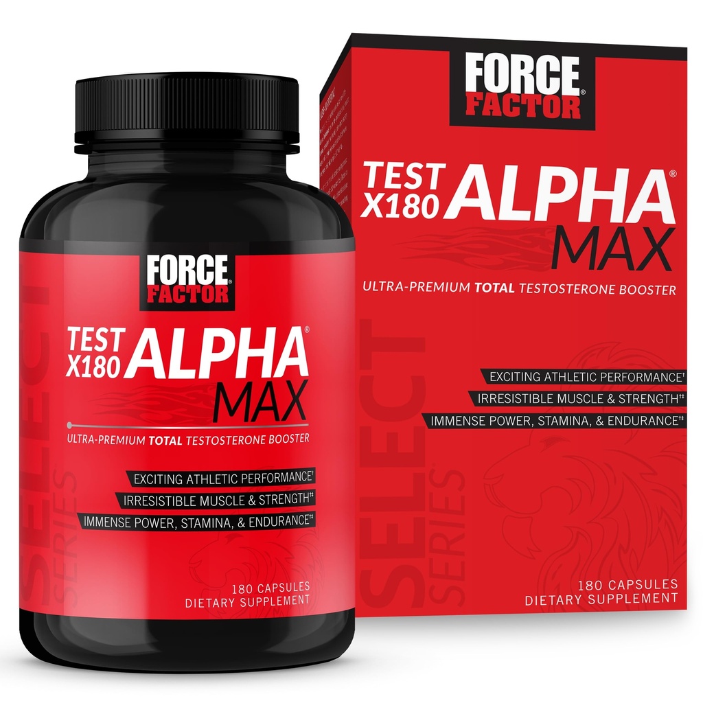 Test FACTOR FORCE X180 Alpha Max Total Testosteron și oxid de azot Booster pentru bărbații cu semințe de schinduf și Tribulus pentru a crește fluxul sanguin și pentru a îmbunătăți performanța sportiv masculină, 180 capsule