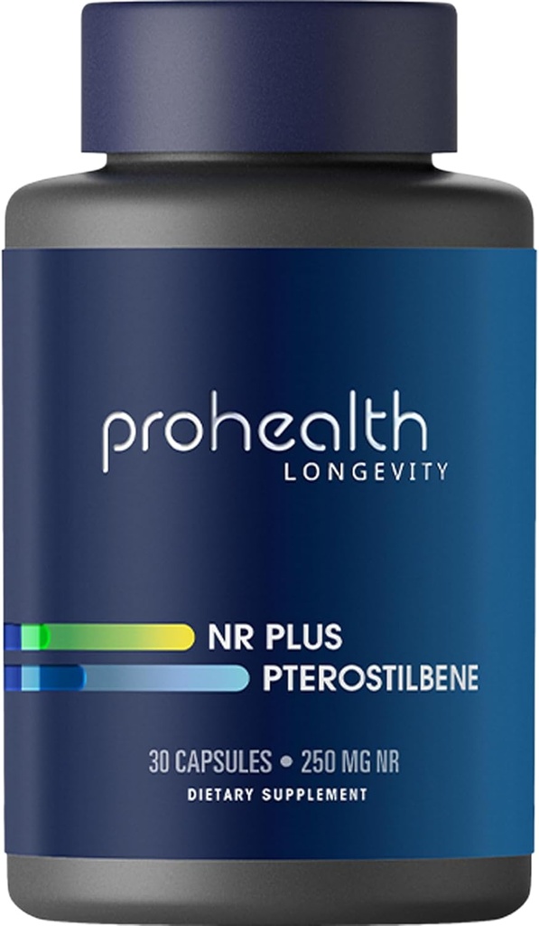 ProHealth NR + Pterostilbene. Promovează longevitatea, energia şi îmbătrânirea sănătoasă. Protejează Heart + Brain Health. Suportă repararea celulară. 250mg Niagen Nicotinamidă Ribozidă + 40mg Pterostilbene, 30 capsule