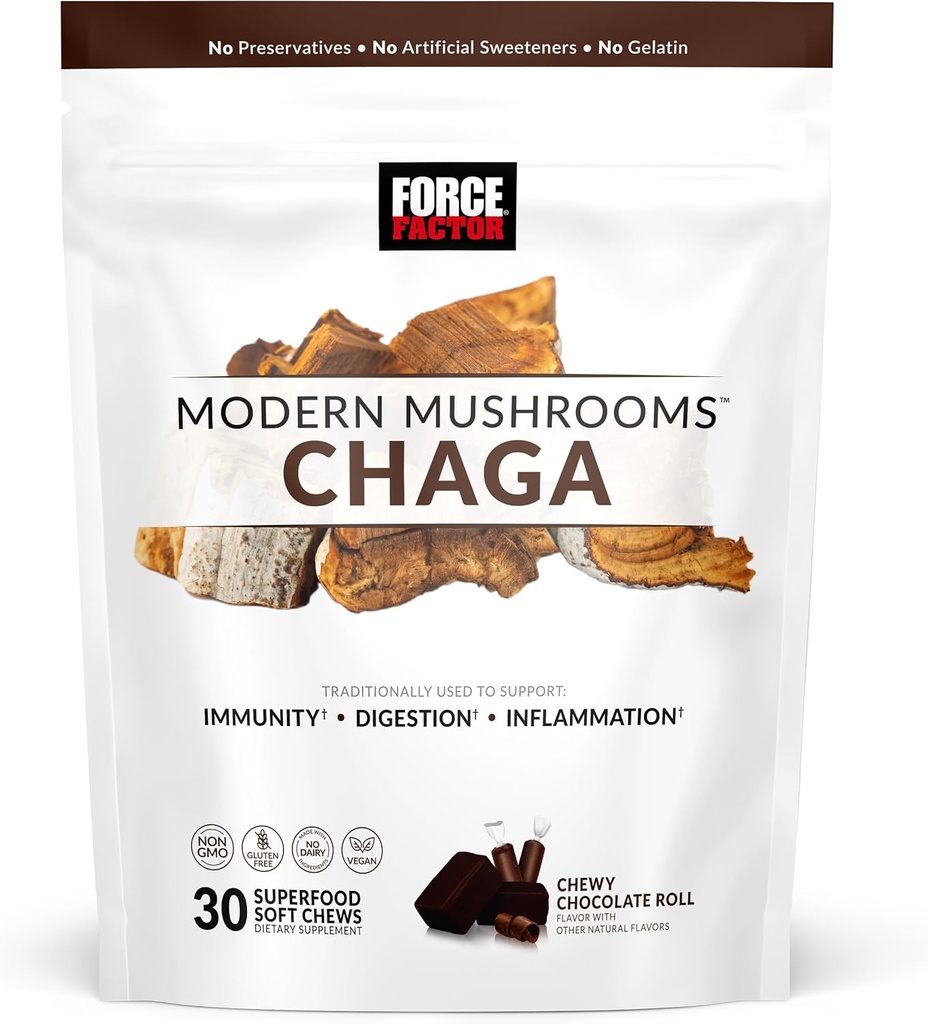 Force FACTOR Ciuperci Moderne Soft Chews, Chaga Ciuperci Supliment pentru a sprijini Imunitatea, Digestia, & Sanatate Gut, Supliment antioxidanti, Delicious Chewy Chocolate Roll Flavor, 30 Soft Chews