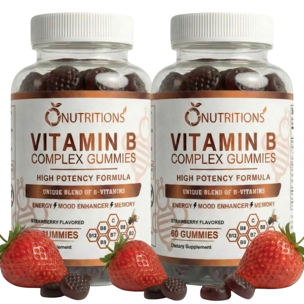 O NUTRITIONS Vitamina B Complex Vegan Gumies cu vitamina B12, B7 ca Biotin, B6, B3 ca Niacin, B5, B6, B8, B9 ca Folate for Stressse, Energy and Healthy Immune System (2 Pack)