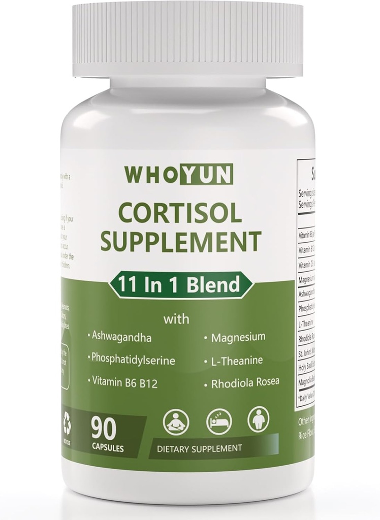 Cortizol Supliment pentru femei, 11 în 1 Mai jos Cortizol Blend cu Ashwagandha, Fosfatidilserină, Magneziu, L-Teanină, Vegan, 90 capsule