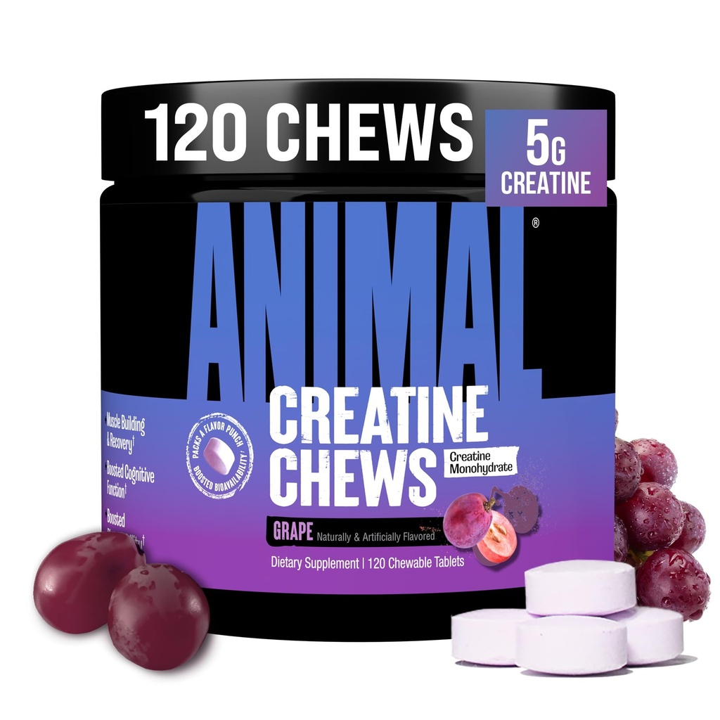 Animal Creatine Chews Tablets - Cretină îmbunătățită Monohidrat cu AstraGin pentru a îmbunătăți absorbția, sare de mare pentru pompe adăugate, delicios și convenabil comprimate masticabile - Struguri
