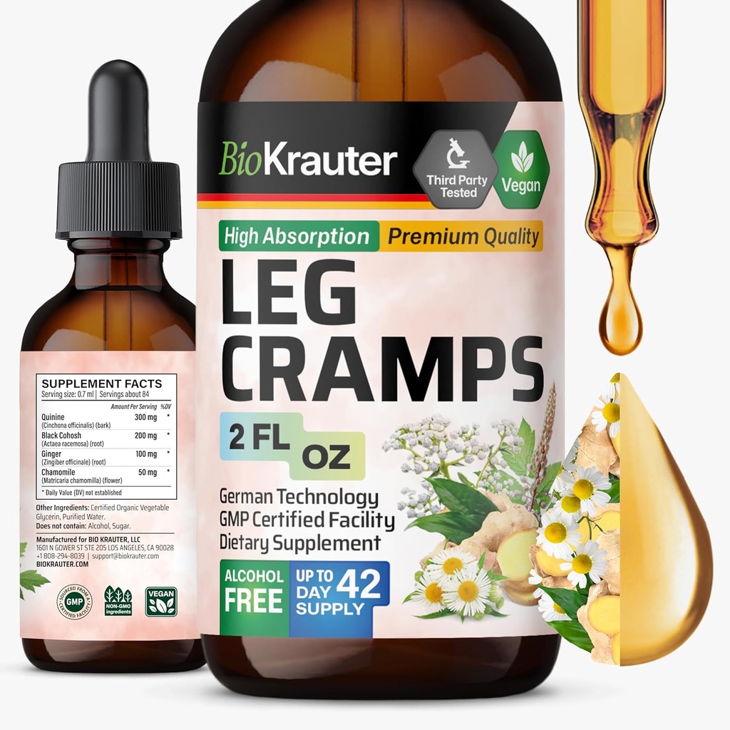 BIO KRAUTTER Leg Cramps Tinctură cu chinină - Ginger & Chamomile Extras lichid pentru cramps picior - Alcool natural & Sugar Free Formula - Picături Vegan 2 Fl.Oz.