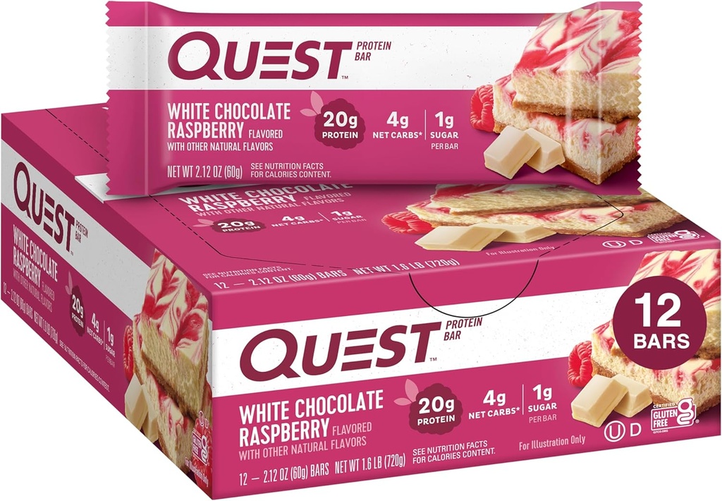 Quest Nutritie- Proteine ridicate, carbohidrat scăzut, Gluten gratuit, Keto prietenos, 12 conte alb ciocolată zmeură