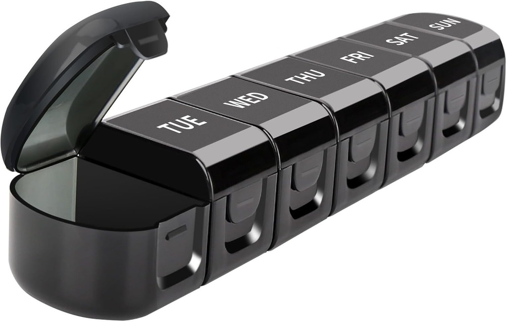 Organizator de pastile de zi cu zi, 7 Compartimente Detaşabil de medicamente Cutie container, negru, Dimensiune călătorie Vitamina Planner Reamintire, Portable Meds Depozit 7-Day Deţinătorul de medicamente, Ulei de peşte, Suplimente