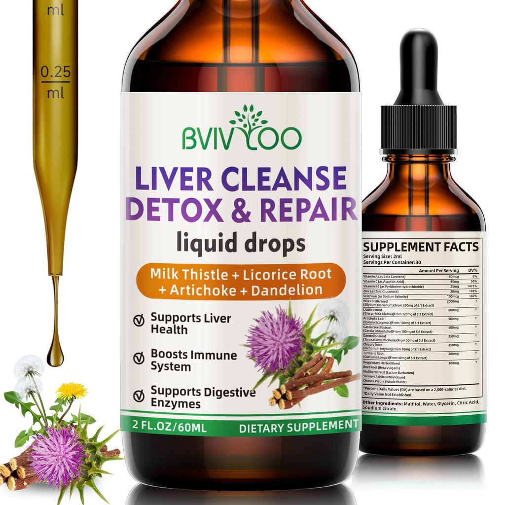 Ficat Cleanse Detoxifiere & Reparare Picături lichide - 2000mg Mulge de lapte, Root Dandelion, Artichoke, Silymarin Extract, & Herbs Turmeric - Vegan, Non-GMO - 2 Fl Oz (60ml) Sticla