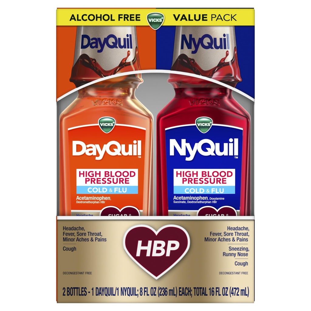 VICKS DayQuil & NyQuil High Hold Hold Hold Hold Hold Hold Cold & Flu Relief Liquid Medicine Co-Pack, Puternic Multi-Symptom Daytime & Relief pe timp de noapte pentru Rece, Tuse, şi Flu Simptome, Zahăr & Alcool gratuit, 2x8oz