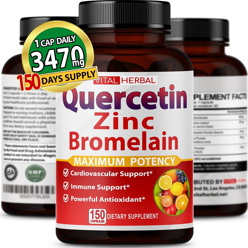 Premium de înaltă puritate Querbetin 98% cu capsule de bromelain pentru Potență maximă cu ceai verde Ashwagandha - susține energie de putere generală de sănătate - 150 zile de aprovizionare