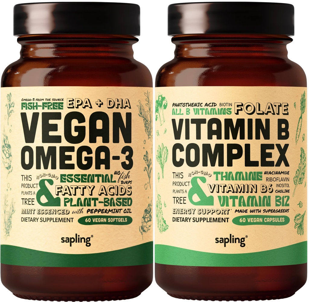 Vegan Omega 3 & Vegan Vitamina B Complex Bundle - Organism-Based DHA & EPA Acidi grași, Vitamine esențiale B cu amestec alimentar întreg, B1, B2, B3, B5, B6, B7, Folate