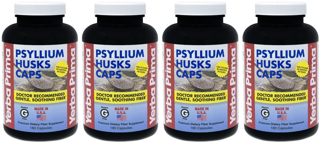 Yerba Prima Psyllium Husks Caps - 180 capace (Pachetul de 4) - Natural Fiber Supliment - non-GMO Gluten gratuit