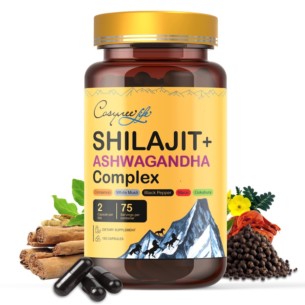 Himalayan Shilajit- Complex cu Ashwagandha, Mace, Gokshura, Scorțișoară & Piperine  Urme minerale, Shilaj pentru bărbaţi, Shilaj pentru femei, doză regulată - 150 capsule