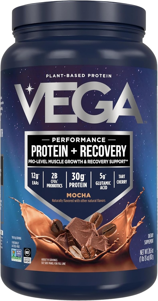 Vega Sport Vegan Protein Powder + Recovery - 30g Plant Based Protein per Serving, Mocha, 19 Servings, 5g BCAAs, Probiotics, NSF Certified, For Shakes & Smoothies, 1.8lbs (Packaging May Vary)