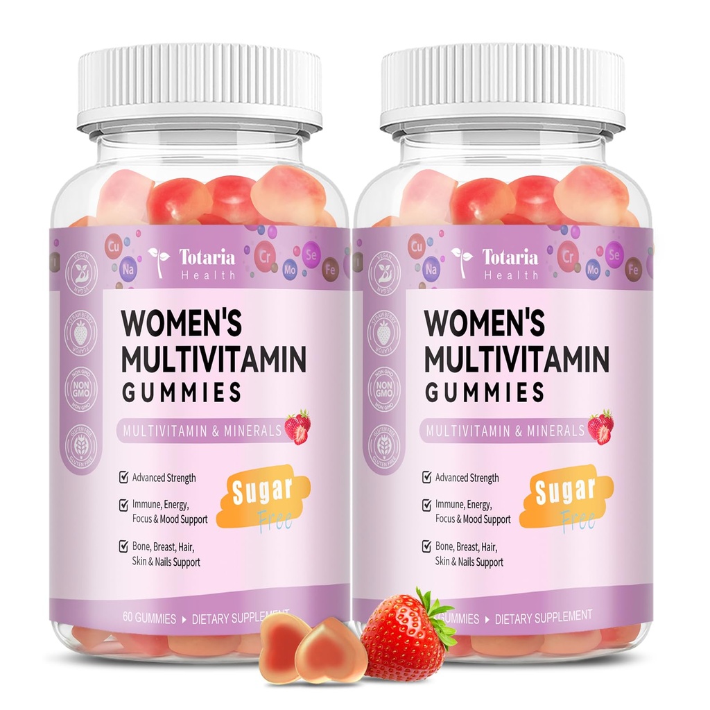 Totaria Sugar Free Multivitamine Gummies for Women 14+ w/Inositol, Fier, Folate, Biotin, Womens Daily Multivitamine Gummy w/Vitamin A, D, C, B, Suport Hair, Piele, Energie, Imuna, Aroma de capsuni