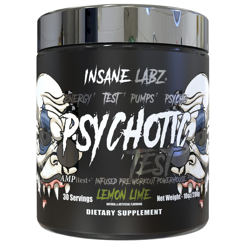Insane Labz Psychotic Test, High Stim Testosteron Energy and Pump Boosting Pre-Working Powder with DMAE Bitartrate, D Aspartic Acid, Creatine HCL and Glicerol Monostearate, 30 Servings, Lemon Lime
