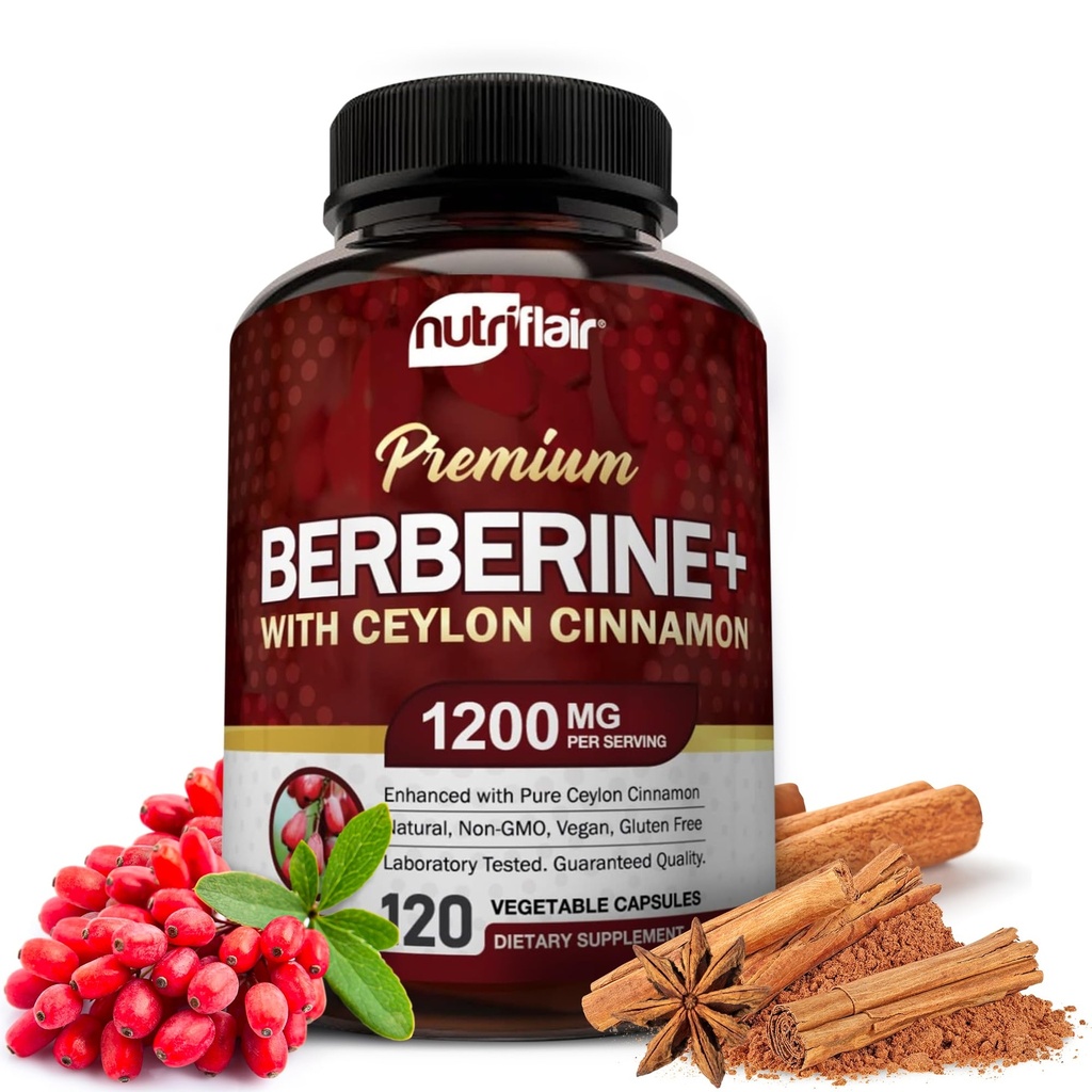 NutriFlair Premium Berberine HCL 1200mg, 120 capsule - Plus Pure True Ceylon Scorțișoară, Berberine HCI Root Suplimente - Sistemul imunitar - produce un HCl Optimal 8%