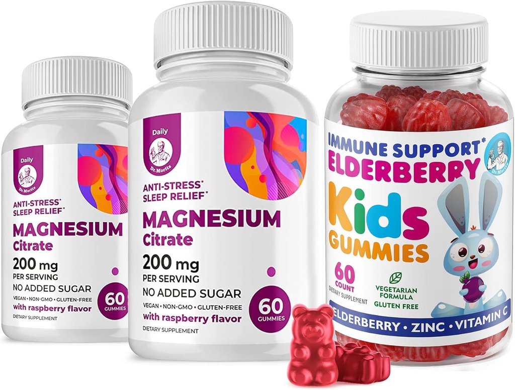 Gume de fructe de soc pentru copii si magneziu 200 mg Gume de zahăr-gratuit - Sistem imunitar sănătos Booster și de sprijin pentru sănătate cu extract de fructe de soc cu Chews de magneziu calm pentru copii și adulți zahăr-gratuit