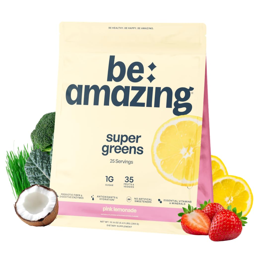 BE AMAZING Super Greens Powder cu prebiotice, enzime digestive & antioxidanți, 35 fructe și legume, Electroliți & Fibră, Vegan, Gluten Free Juice & Smoothie Mix, Limonadă roz, 25 Serviri