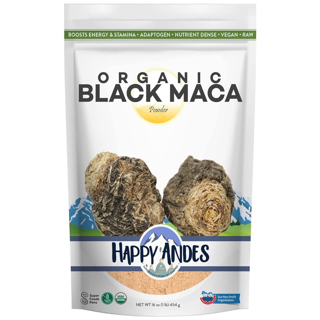 Happy Anzi Organic Black Pure & Raw Maca Root Powder Non-GMO, USDA for Energy & Fitness, Performance & Mood for Men & Women, Gluten Free, Peruvian Superfood, Blue, 16 oz